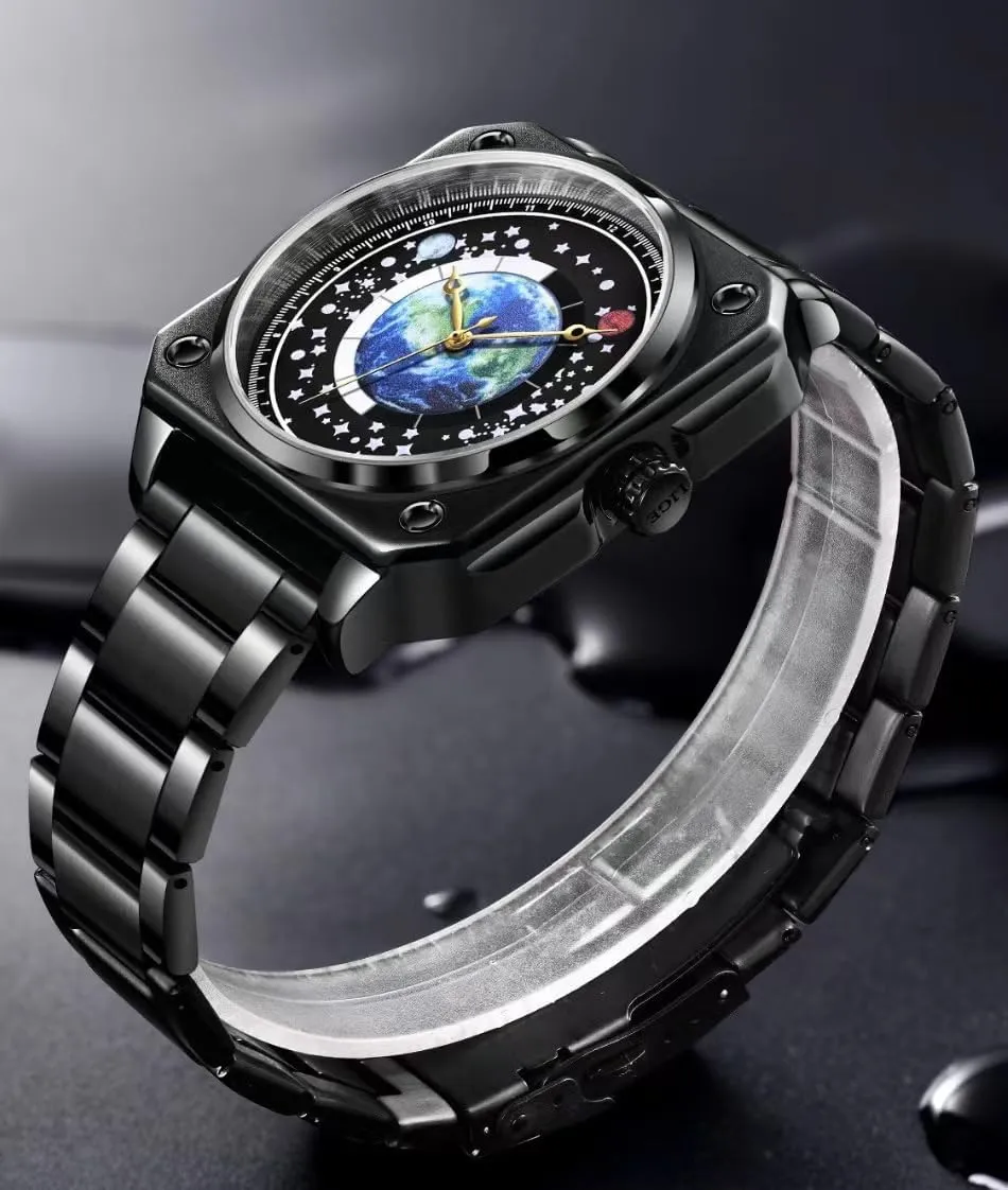 MINILUJIA 30M Waterproof Men World Map Watches Creative Wristwatch with Earth Globe Moon Sun Rotating Eye catching Cool Unique Square Dial Mens Watches with Watch Box