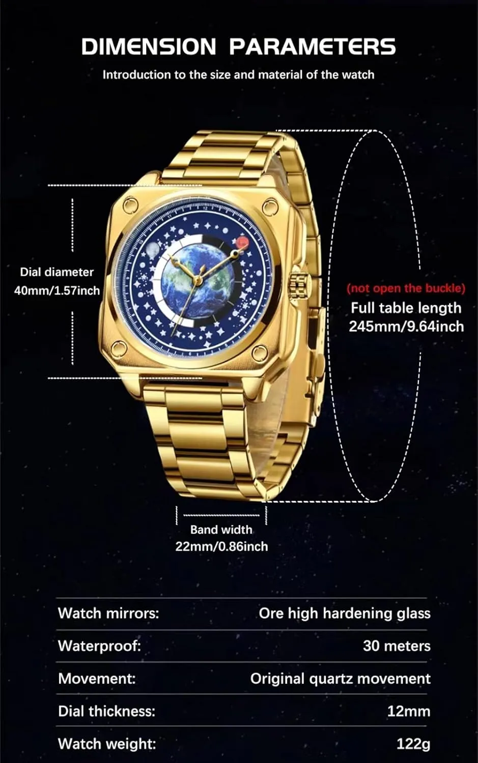 MINILUJIA 30M Waterproof Men World Map Watches Creative Wristwatch with Earth Globe Moon Sun Rotating Eye catching Cool Unique Square Dial Mens Watches with Watch Box