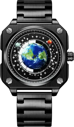 MINILUJIA 30M Waterproof Men World Map Watches Creative Wristwatch with Earth Globe Moon Sun Rotating Eye catching Cool Unique Square Dial Mens Watches with Watch Box