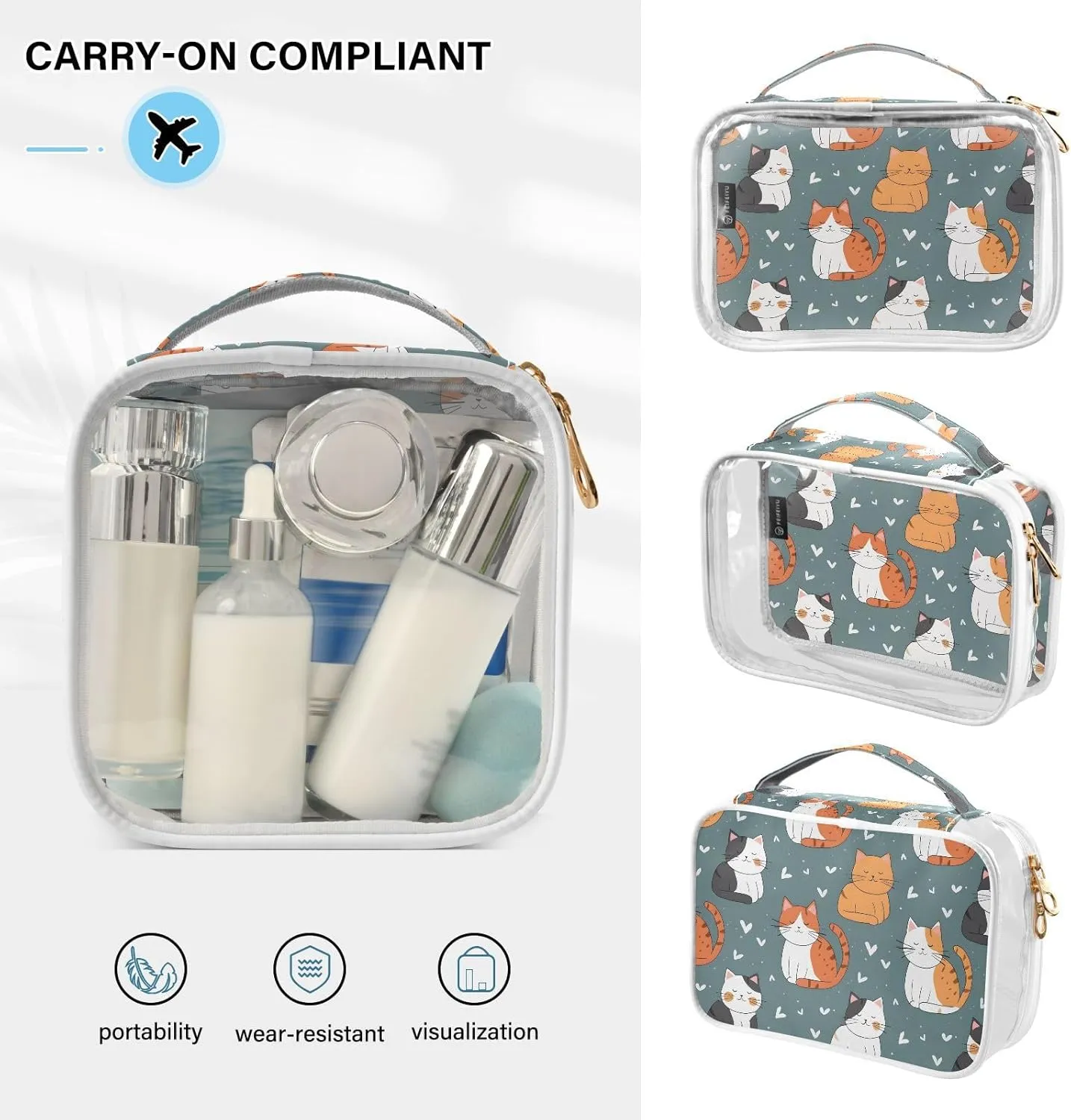 MNSRUU Clear Makeup Bags Cute Cat Toiletry Bag for Women 2 PCS Waterproof Clear Bags Clear Travel Toiletry Bag Small Cosmetic Makeup Bag, Carry on Airport Airline Compliant Bag