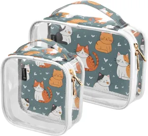 MNSRUU Clear Makeup Bags Cute Cat Toiletry Bag for Women 2 PCS Waterproof Clear Bags Clear Travel Toiletry Bag Small Cosmetic Makeup Bag, Carry on Airport Airline Compliant Bag