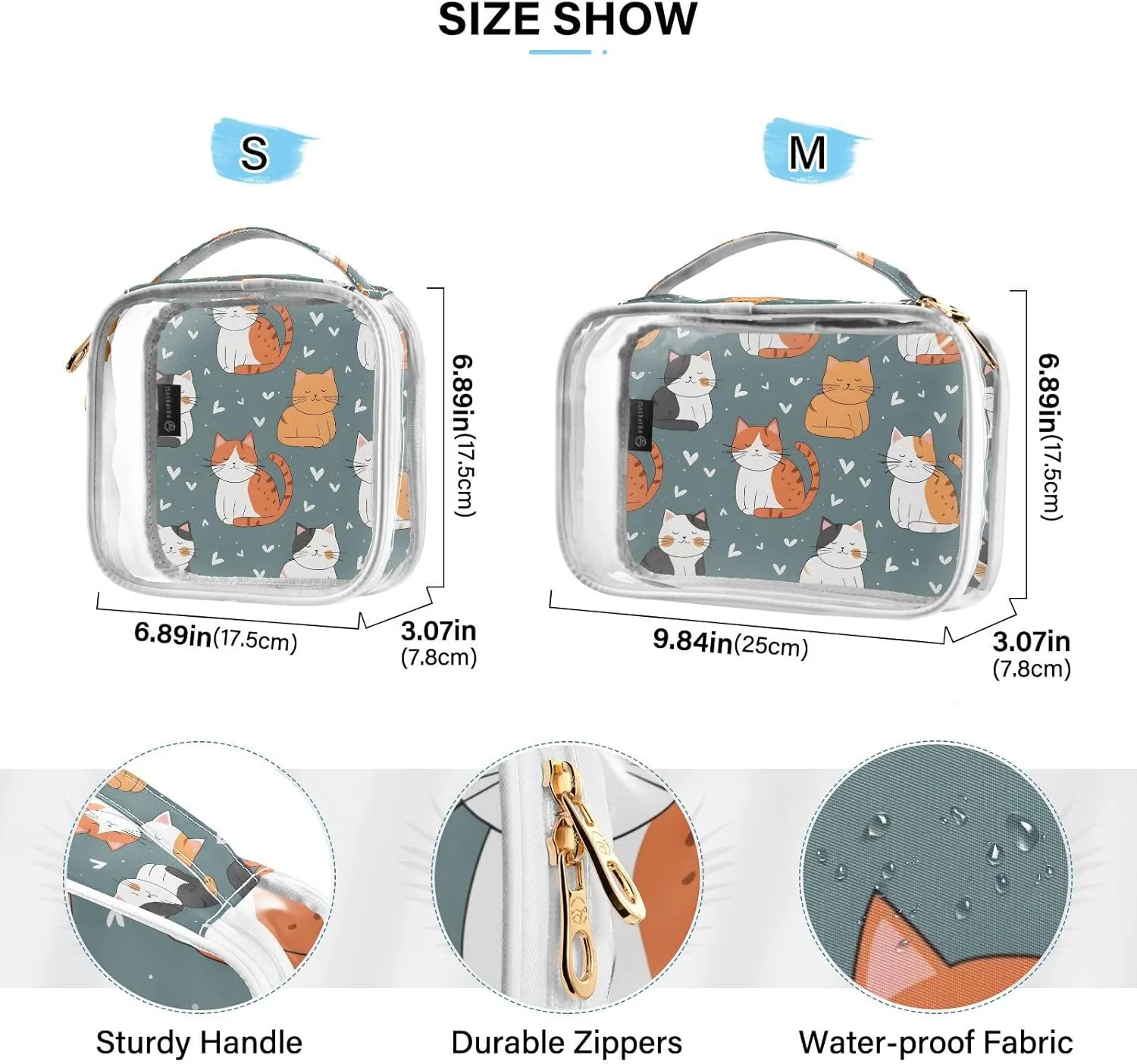 MNSRUU Clear Makeup Bags Cute Cat Toiletry Bag for Women 2 PCS Waterproof Clear Bags Clear Travel Toiletry Bag Small Cosmetic Makeup Bag, Carry on Airport Airline Compliant Bag