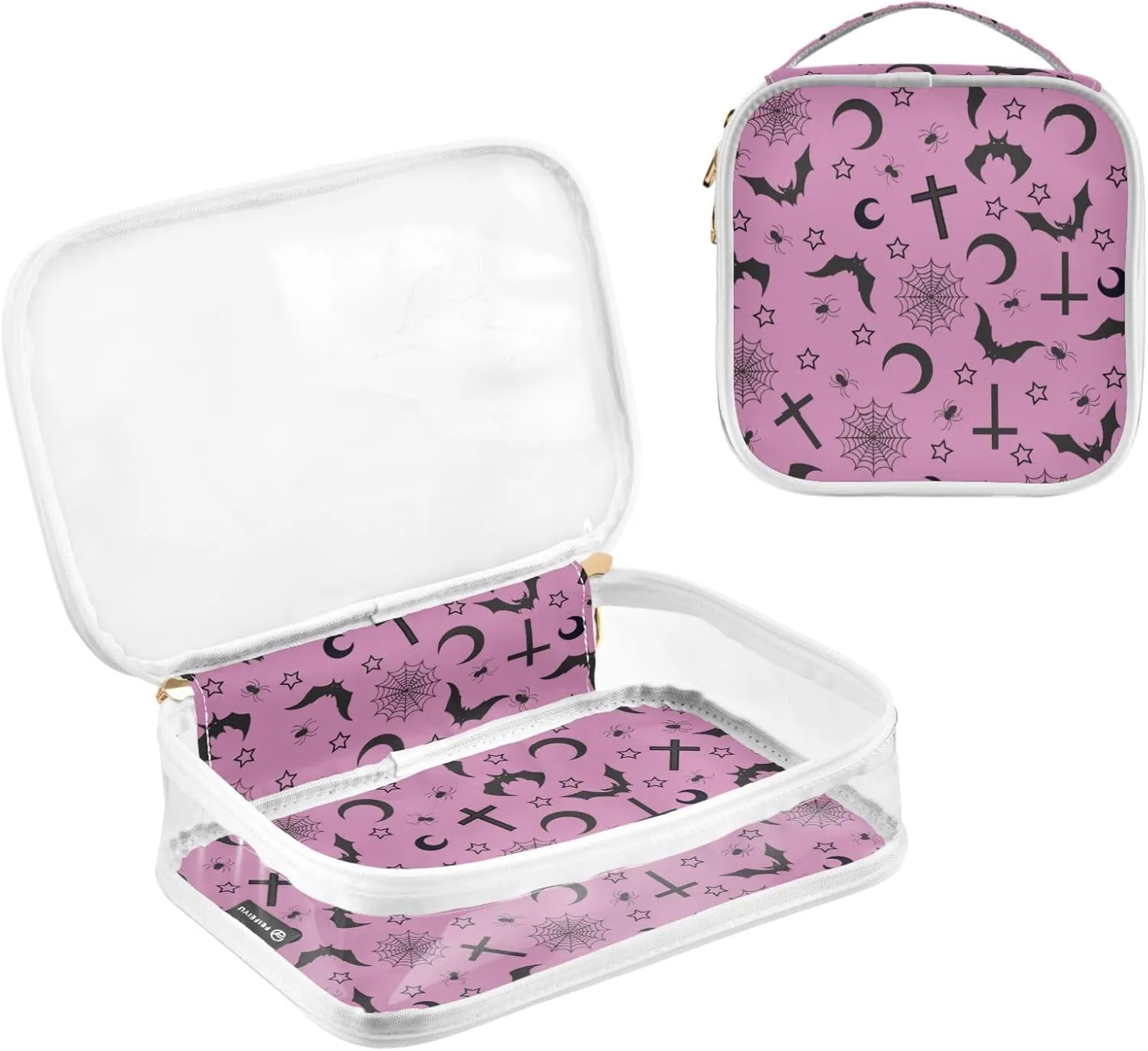 MNSRUU Clear Makeup Bags Pink Goth with Bats Toiletry Bag for Women 2 PCS Waterproof Clear Bags Clear Travel Toiletry Bag Small Cosmetic Makeup Bag, Carry on Airport Airline Compliant Bag