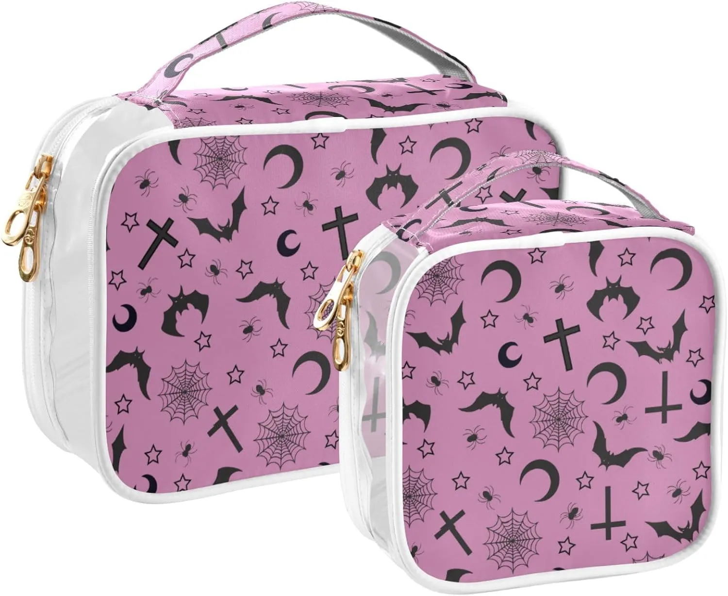 MNSRUU Clear Makeup Bags Pink Goth with Bats Toiletry Bag for Women 2 PCS Waterproof Clear Bags Clear Travel Toiletry Bag Small Cosmetic Makeup Bag, Carry on Airport Airline Compliant Bag
