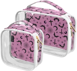 MNSRUU Clear Makeup Bags Pink Goth with Bats Toiletry Bag for Women 2 PCS Waterproof Clear Bags Clear Travel Toiletry Bag Small Cosmetic Makeup Bag, Carry on Airport Airline Compliant Bag