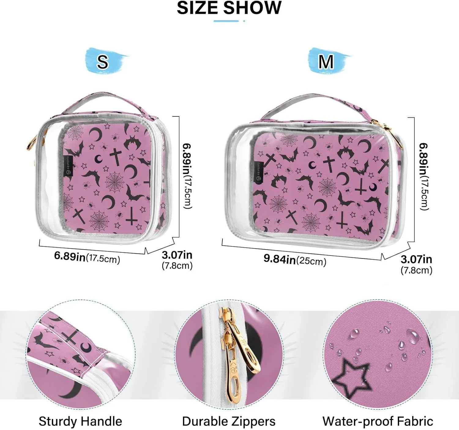 MNSRUU Clear Makeup Bags Pink Goth with Bats Toiletry Bag for Women 2 PCS Waterproof Clear Bags Clear Travel Toiletry Bag Small Cosmetic Makeup Bag, Carry on Airport Airline Compliant Bag