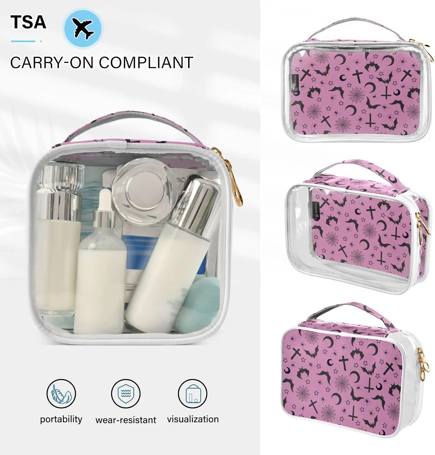 MNSRUU Clear Makeup Bags Pink Goth with Bats Toiletry Bag for Women 2 PCS Waterproof Clear Bags Clear Travel Toiletry Bag Small Cosmetic Makeup Bag, Carry on Airport Airline Compliant Bag