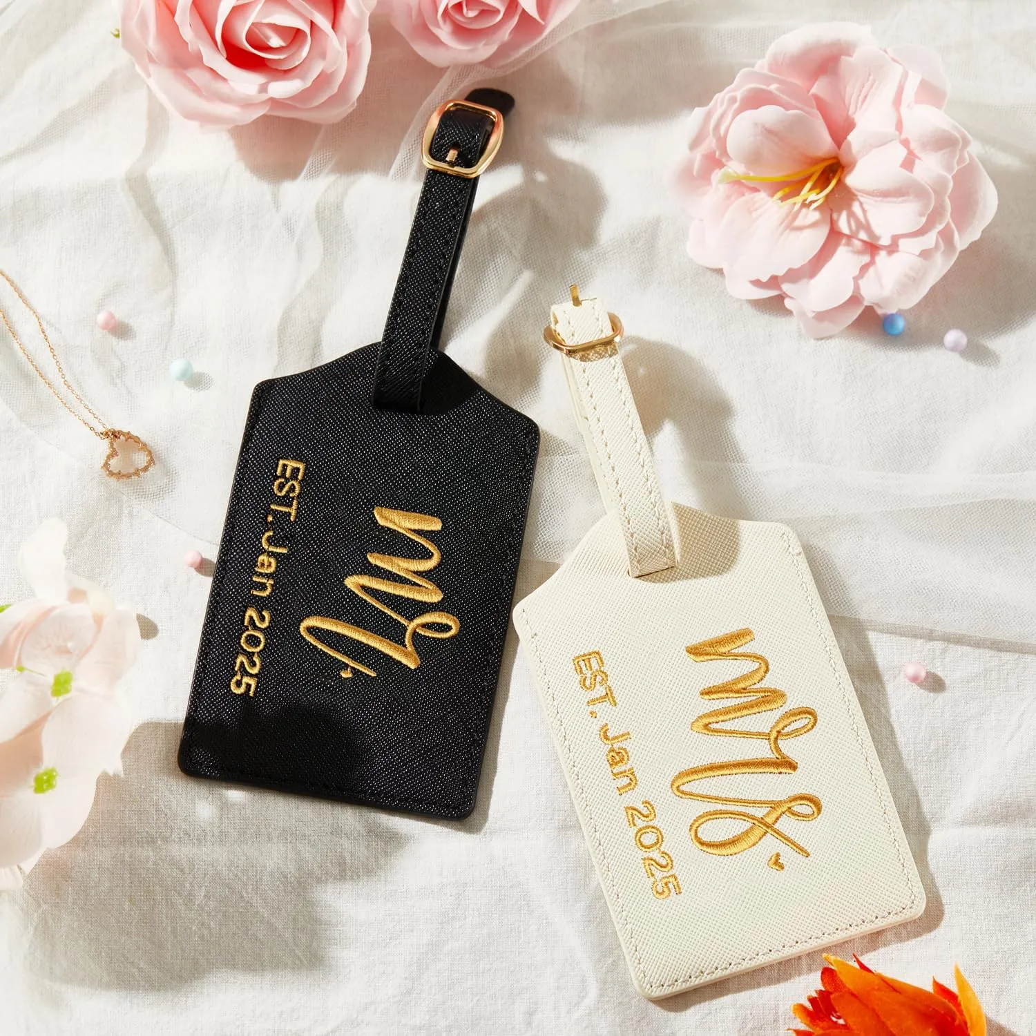 Mr and Mrs Est Luggage Tag, Embroidered Mr Mrs Luggage Tag with Est Date, Honeymoon Suitcase Accessories, Wedding Gift for Couples, Bridal Shower Present (Est. Jan 2025)