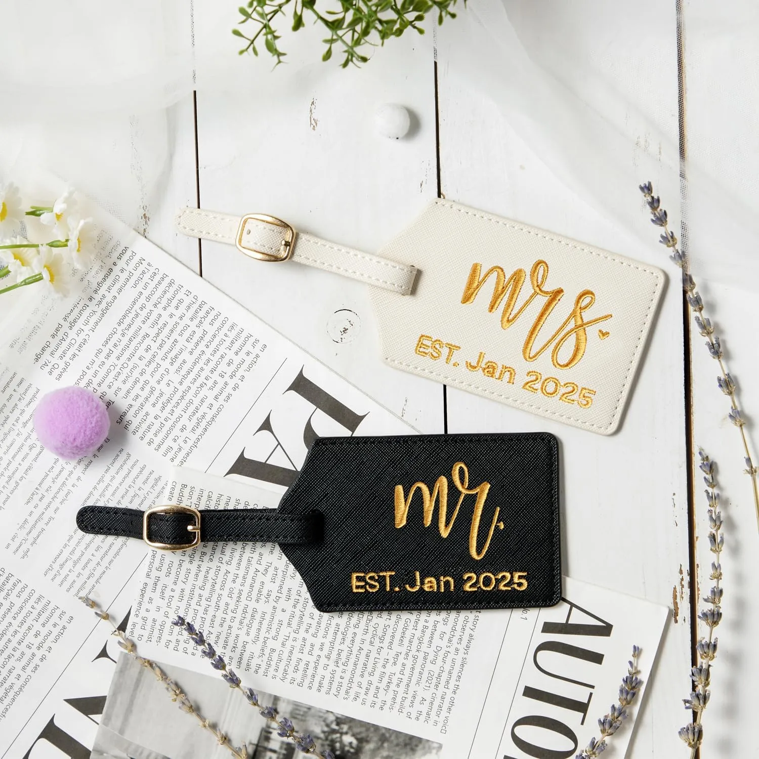 Mr and Mrs Est Luggage Tag, Embroidered Mr Mrs Luggage Tag with Est Date, Honeymoon Suitcase Accessories, Wedding Gift for Couples, Bridal Shower Present (Est. Jan 2025)