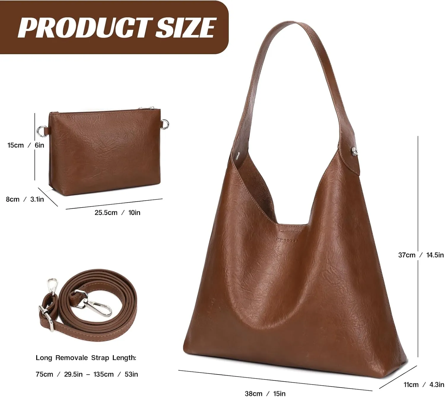 MYHOZEE Large Hobo Bags for Women Soft Leather Tote Bag Set of 2 Crossbody Shoulder Bag Slouch Purse with Removable Strap