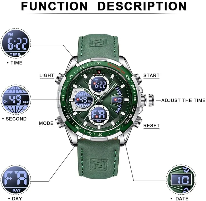 NAVIFORCE Men's Military Digital Watches Analog Quartz Waterproof Watch Sport Multifunctional Leather Wristwatch