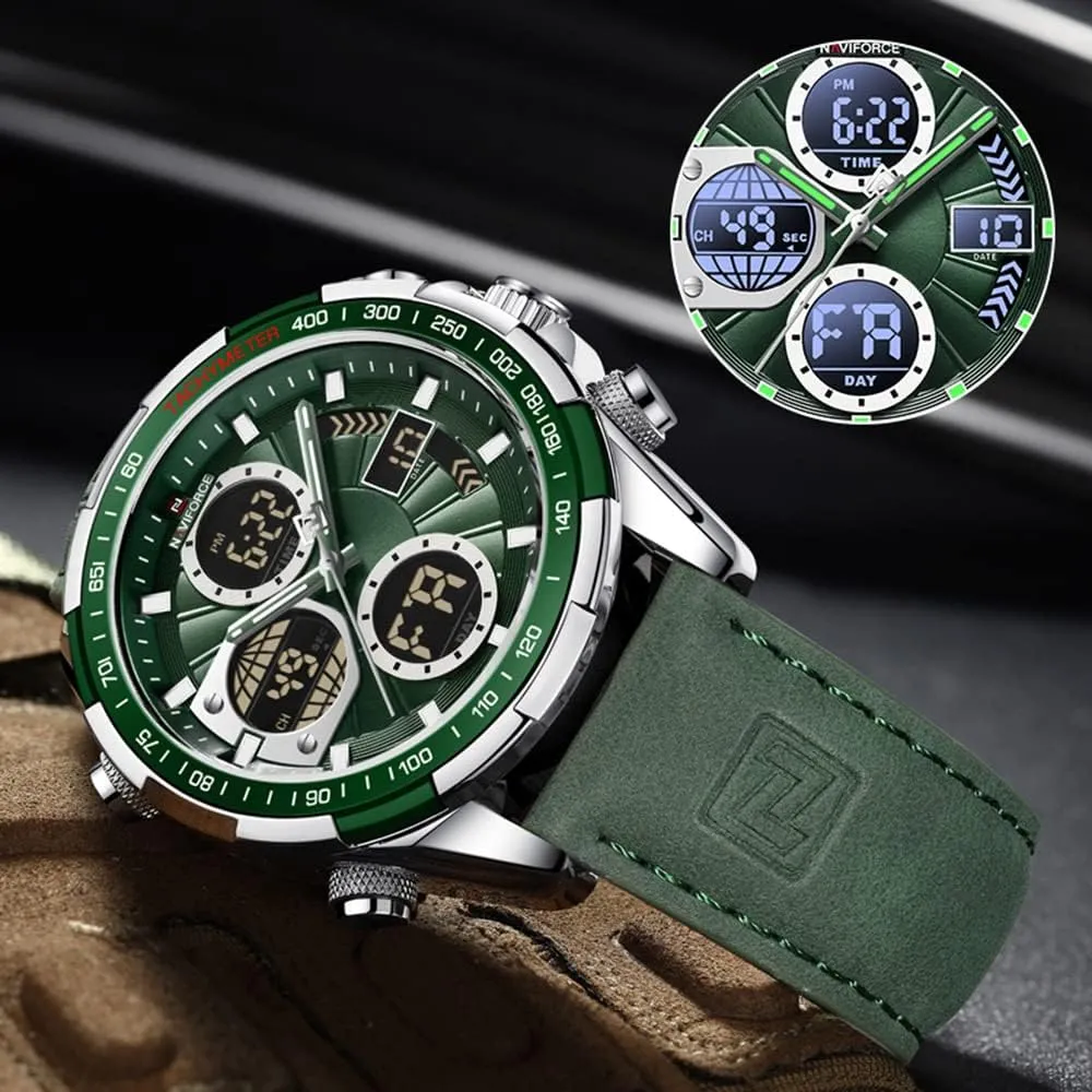 NAVIFORCE Men's Military Digital Watches Analog Quartz Waterproof Watch Sport Multifunctional Leather Wristwatch
