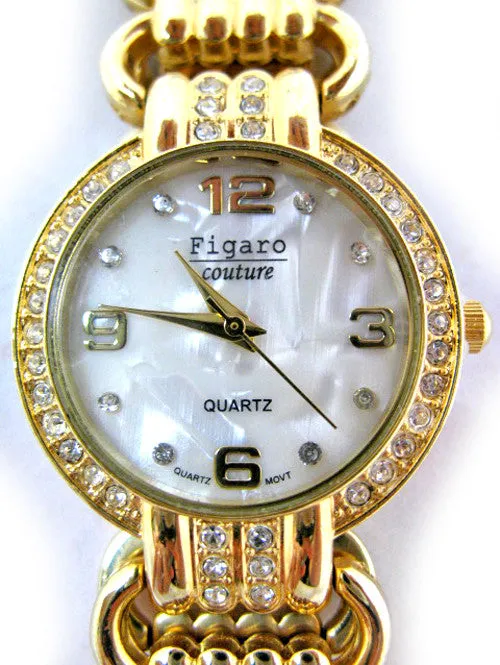 NEW Womens Watches FIGARO Gold Tone Simulated Diamond Stones Mother of Pearl Bracelet Ladies WATCH For Women