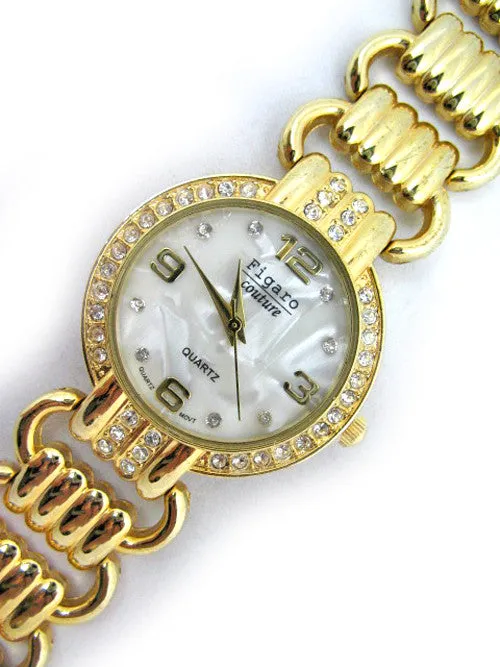 NEW Womens Watches FIGARO Gold Tone Simulated Diamond Stones Mother of Pearl Bracelet Ladies WATCH For Women