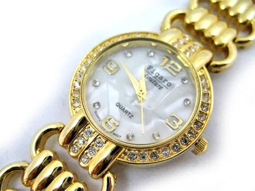 NEW Womens Watches FIGARO Gold Tone Simulated Diamond Stones Mother of Pearl Bracelet Ladies WATCH For Women
