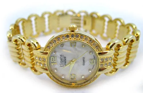 NEW Womens Watches FIGARO Gold Tone Simulated Diamond Stones Mother of Pearl Bracelet Ladies WATCH For Women