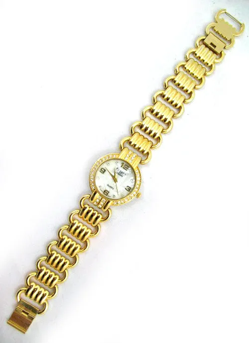 NEW Womens Watches FIGARO Gold Tone Simulated Diamond Stones Mother of Pearl Bracelet Ladies WATCH For Women