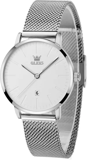 OLEVS Silver Watch for Women Stainless Steel White Face Womens Watches Mesh Bracelet Minimalist Fashion Women's Small Wrist Watches Three Hands Analog Quartz Water Resistant Watch Women with Day Date