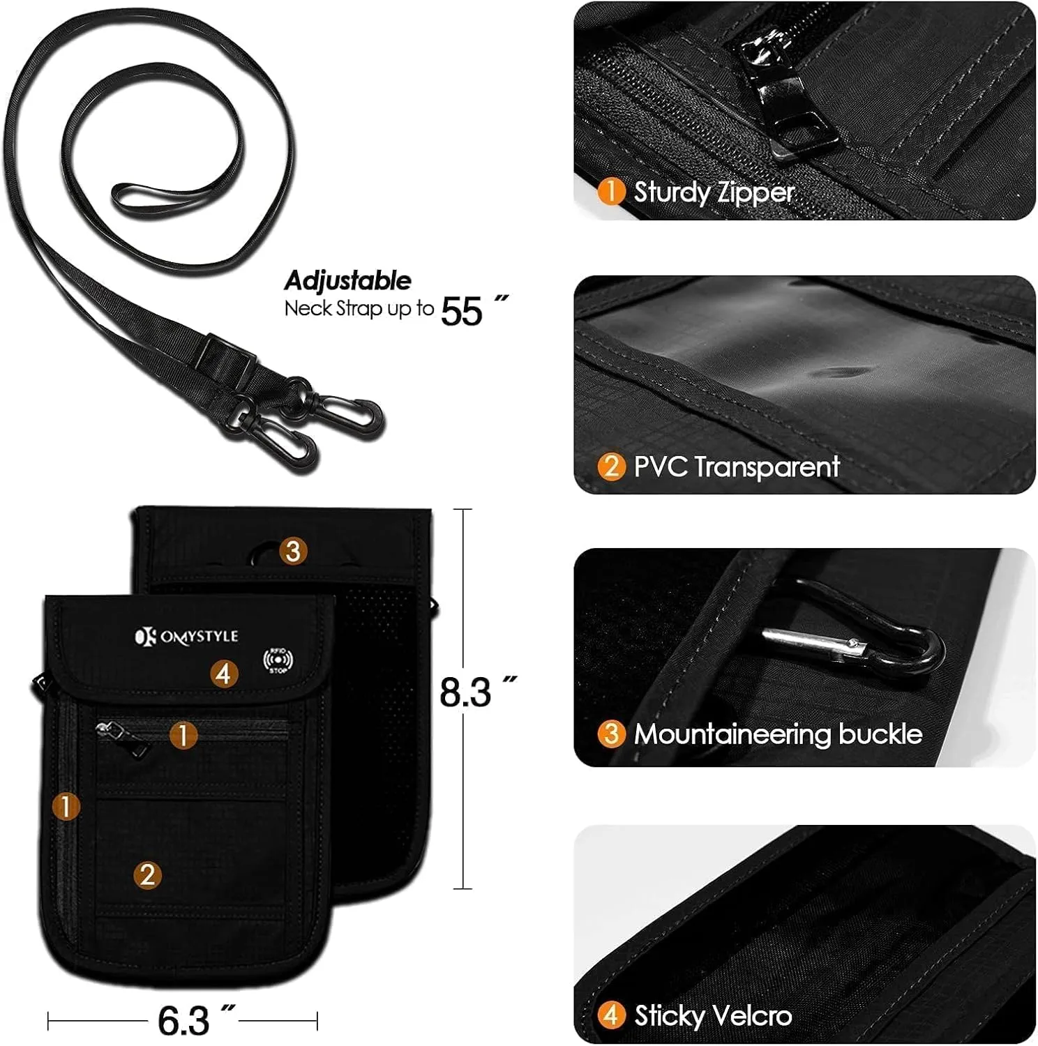 OMYSTYLE Neck Wallet, RFID Passport Holder for Travel, Adjustable Neck Strap, Waterproof Neck Pouch for Men & Women to Keep Cash, Credit Cards and Documents Safe, Black (8x6)