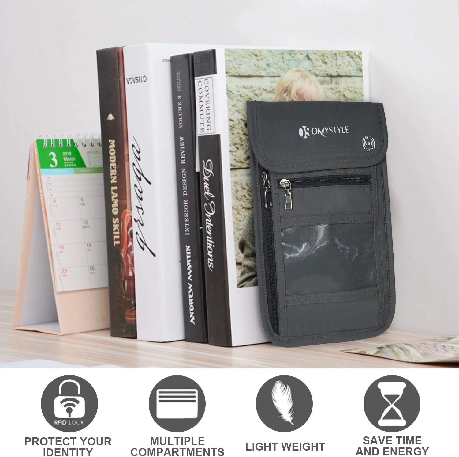 OMYSTYLE Neck Wallet, RFID Passport Holder for Travel, Adjustable Neck Strap, Waterproof Neck Pouch for Men & Women to Keep Cash, Credit Cards and Documents Safe, Dark Grey (8x6)