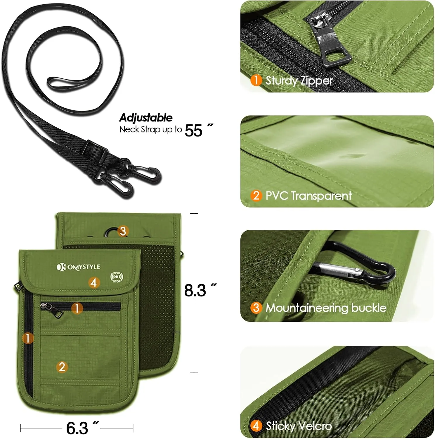 OMYSTYLE Neck Wallet, RFID Passport Holder for Travel, Adjustable Neck Strap, Waterproof Neck Pouch for Men & Women to Keep Cash, Credit Cards and Documents Safe, Green (8x6)