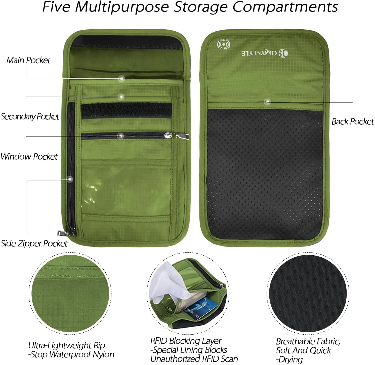 OMYSTYLE Neck Wallet, RFID Passport Holder for Travel, Adjustable Neck Strap, Waterproof Neck Pouch for Men & Women to Keep Cash, Credit Cards and Documents Safe, Green (8x6)