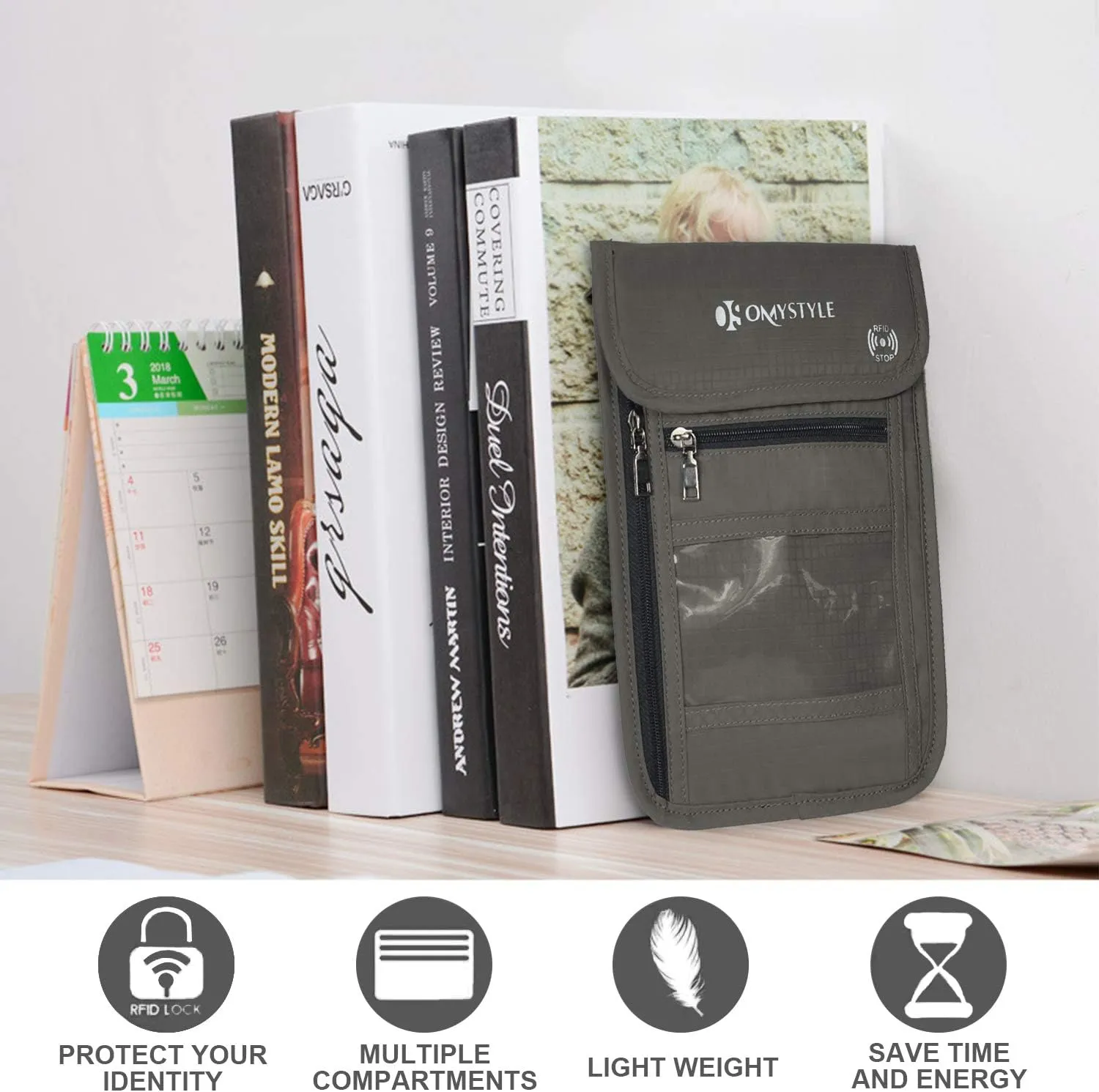OMYSTYLE Neck Wallet, RFID Passport Holder for Travel, Adjustable Neck Strap, Waterproof Neck Pouch for Men & Women to Keep Cash, Credit Cards and Documents Safe, Grey (8x6)