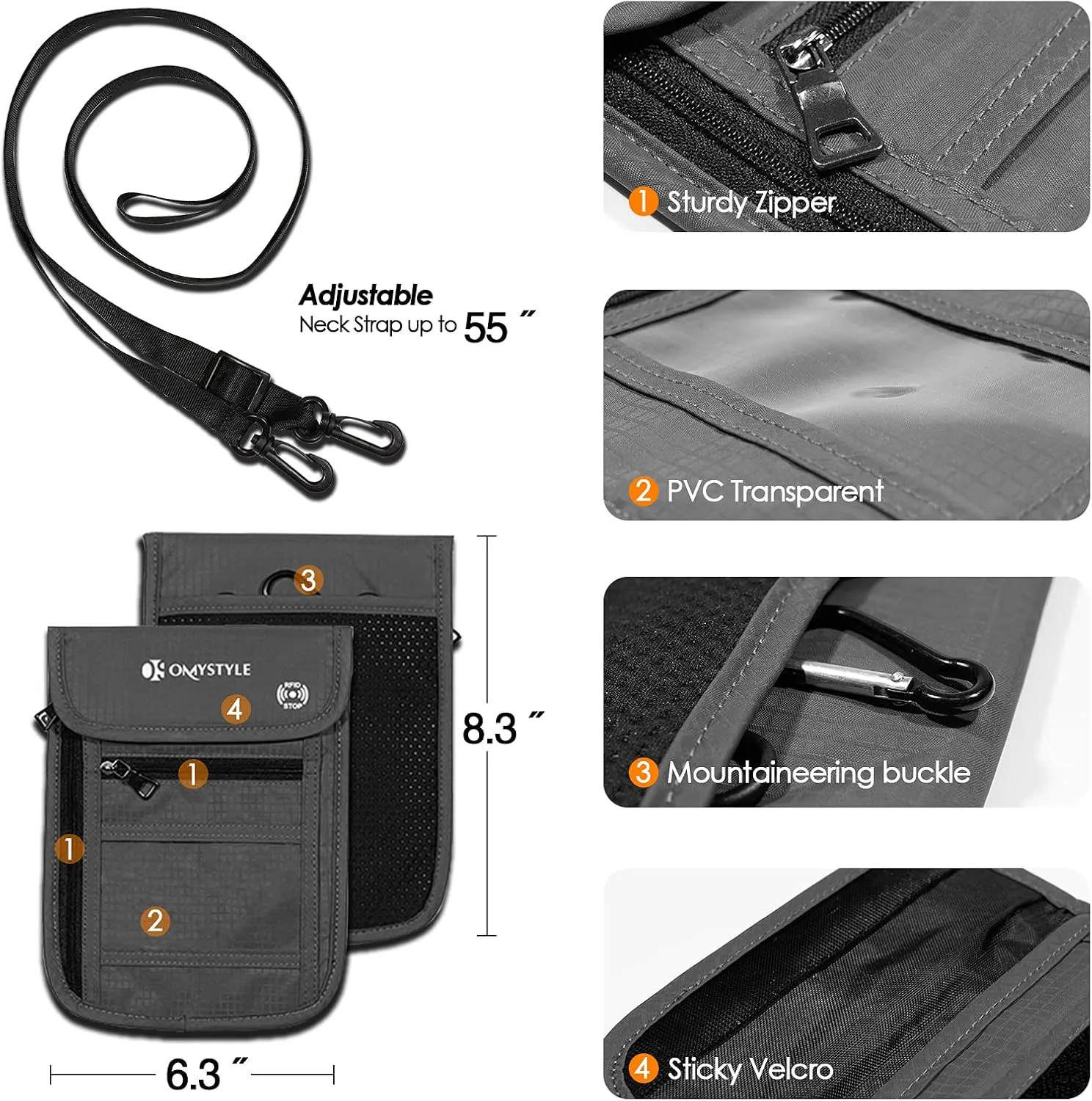OMYSTYLE Neck Wallet, RFID Passport Holder for Travel, Adjustable Neck Strap, Waterproof Neck Pouch for Men & Women to Keep Cash, Credit Cards and Documents Safe, Grey (8x6)