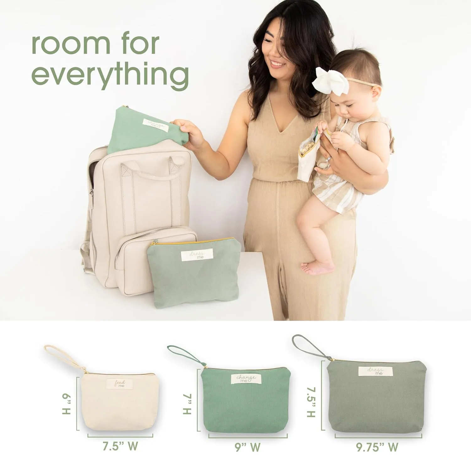 Pearhead Baby Diaper Bag Organizing Pouch Set  Feed Me, Change Me, Dress Me  Zip Pouches Made from Recycled Cotton, Gender Neutral Diaper Bag Accessories and Baby Essentials Organizer - Set of 3