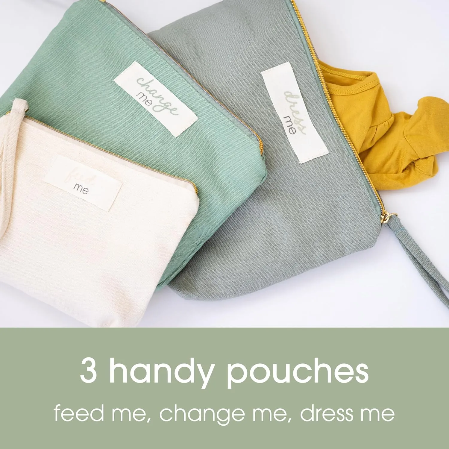 Pearhead Baby Diaper Bag Organizing Pouch Set  Feed Me, Change Me, Dress Me  Zip Pouches Made from Recycled Cotton, Gender Neutral Diaper Bag Accessories and Baby Essentials Organizer - Set of 3