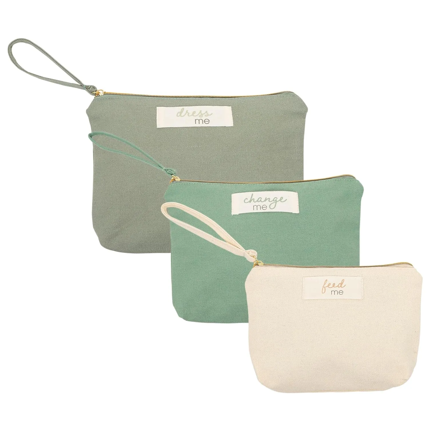 Pearhead Baby Diaper Bag Organizing Pouch Set  Feed Me, Change Me, Dress Me  Zip Pouches Made from Recycled Cotton, Gender Neutral Diaper Bag Accessories and Baby Essentials Organizer - Set of 3