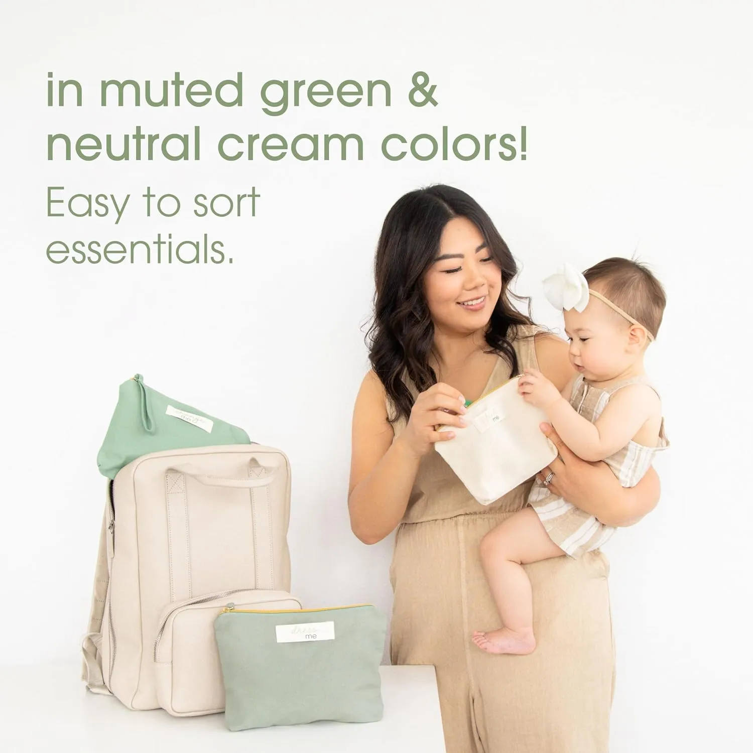Pearhead Baby Diaper Bag Organizing Pouch Set  Feed Me, Change Me, Dress Me  Zip Pouches Made from Recycled Cotton, Gender Neutral Diaper Bag Accessories and Baby Essentials Organizer - Set of 3