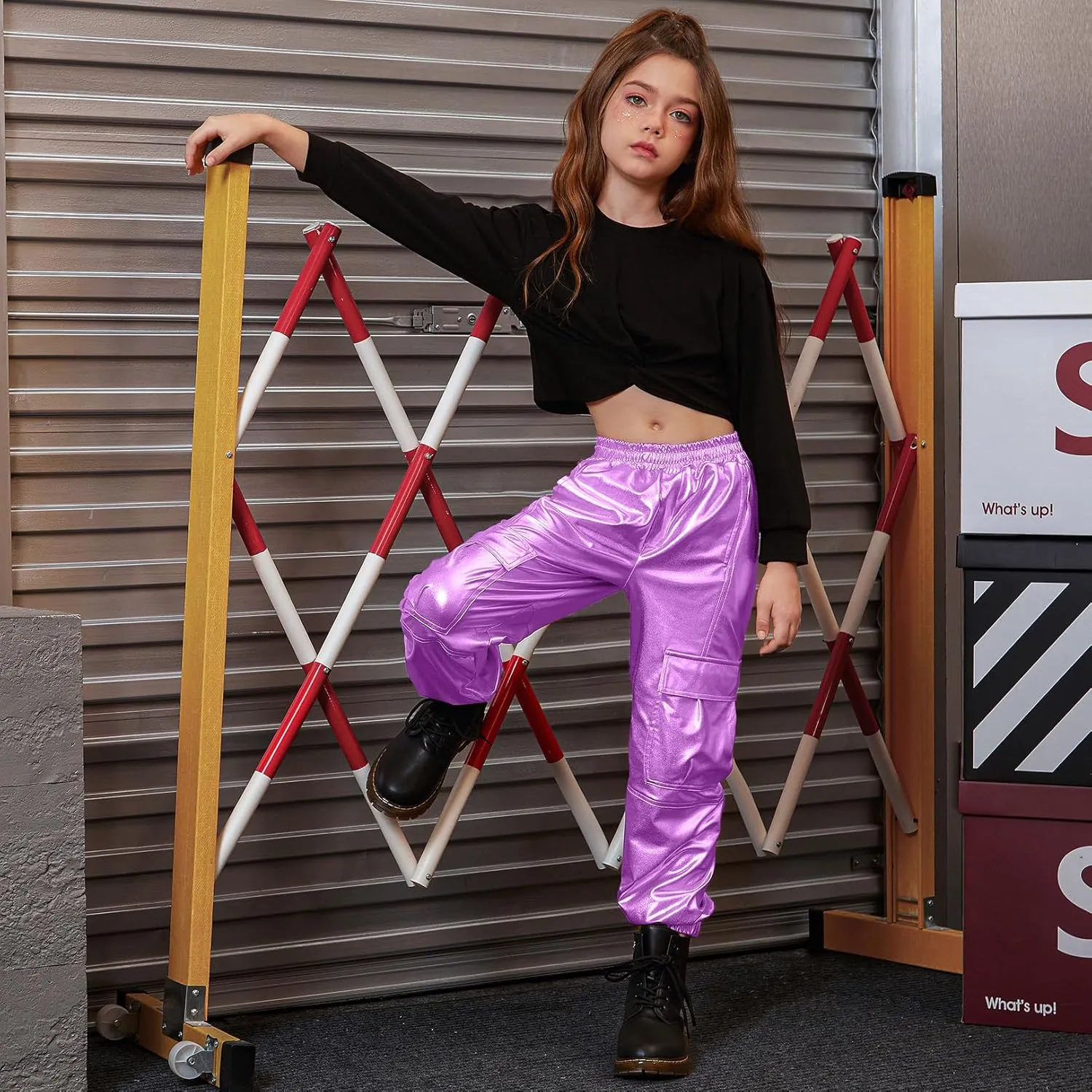 Perfashion Metallic Cargo Pants for Girls Hip Hop Dance Multi-Pocket Joggers High Waist Pants 6-15Y