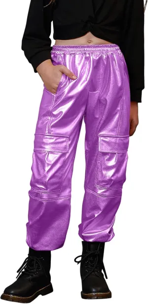 Perfashion Metallic Cargo Pants for Girls Hip Hop Dance Multi-Pocket Joggers High Waist Pants 6-15Y