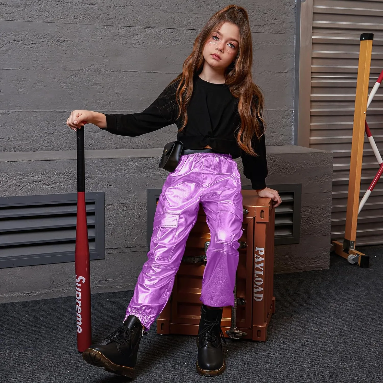 Perfashion Metallic Cargo Pants for Girls Hip Hop Dance Multi-Pocket Joggers High Waist Pants 6-15Y