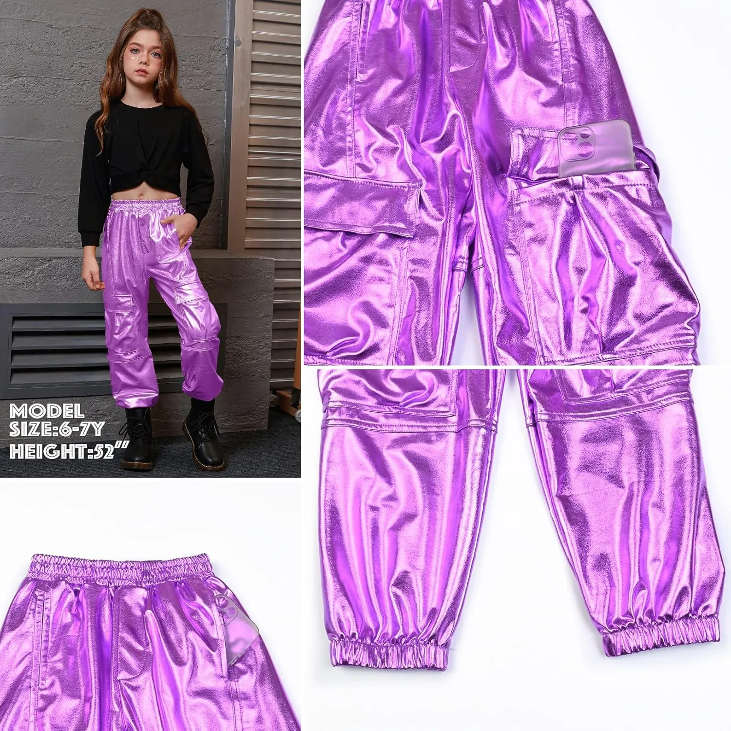 Perfashion Metallic Cargo Pants for Girls Hip Hop Dance Multi-Pocket Joggers High Waist Pants 6-15Y