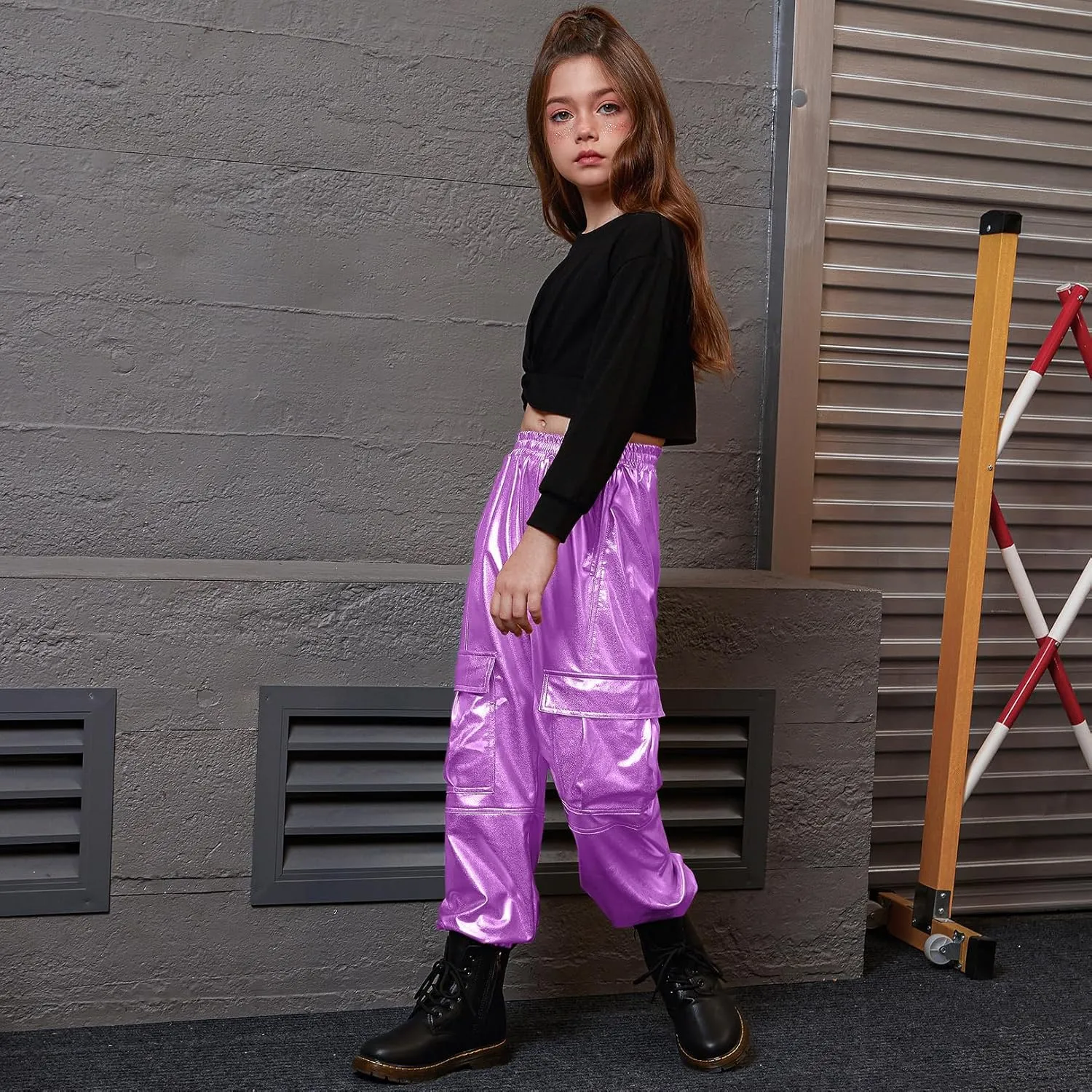 Perfashion Metallic Cargo Pants for Girls Hip Hop Dance Multi-Pocket Joggers High Waist Pants 6-15Y