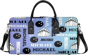 Personalized Bowling Sport Duffel Bag, Custom Gym Bag Customized Text Overnight Weekender Bag for Women Men, Blue Purple