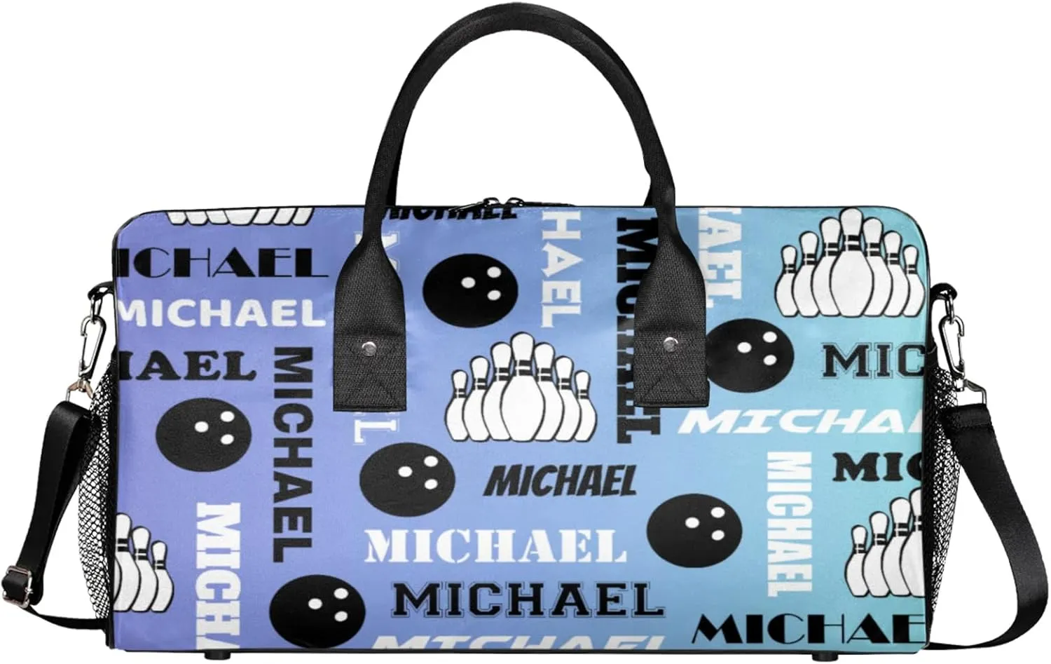 Personalized Bowling Sport Duffel Bag, Custom Gym Bag Customized Text Overnight Weekender Bag for Women Men, Blue Purple