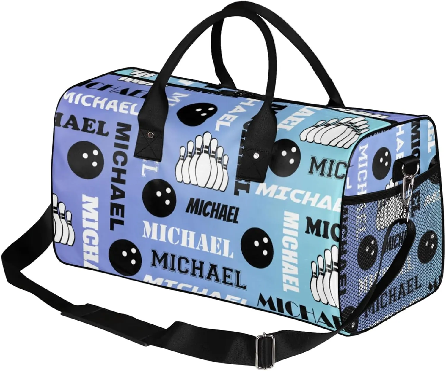 Personalized Bowling Sport Duffel Bag, Custom Gym Bag Customized Text Overnight Weekender Bag for Women Men, Blue Purple