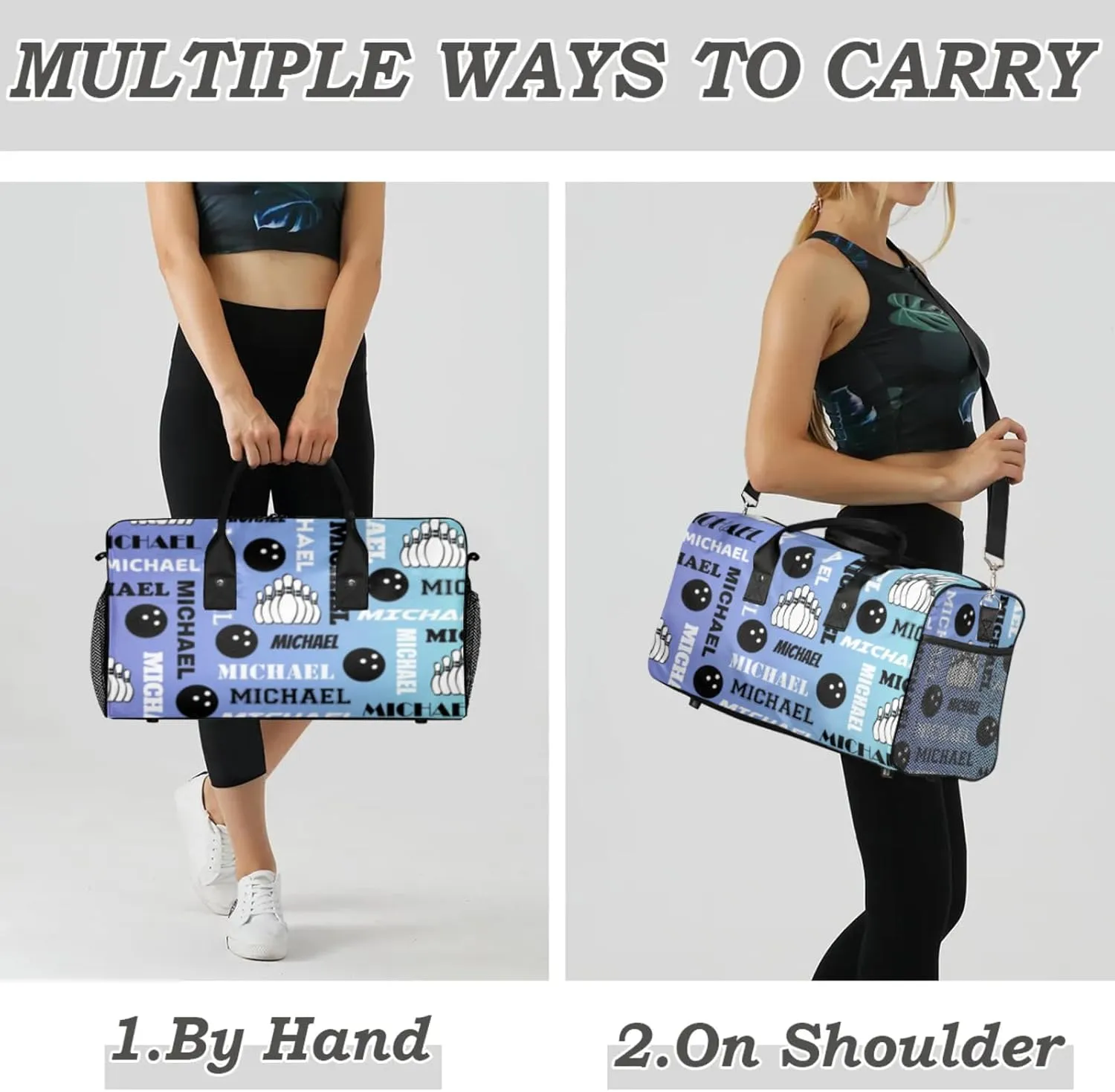 Personalized Bowling Sport Duffel Bag, Custom Gym Bag Customized Text Overnight Weekender Bag for Women Men, Blue Purple