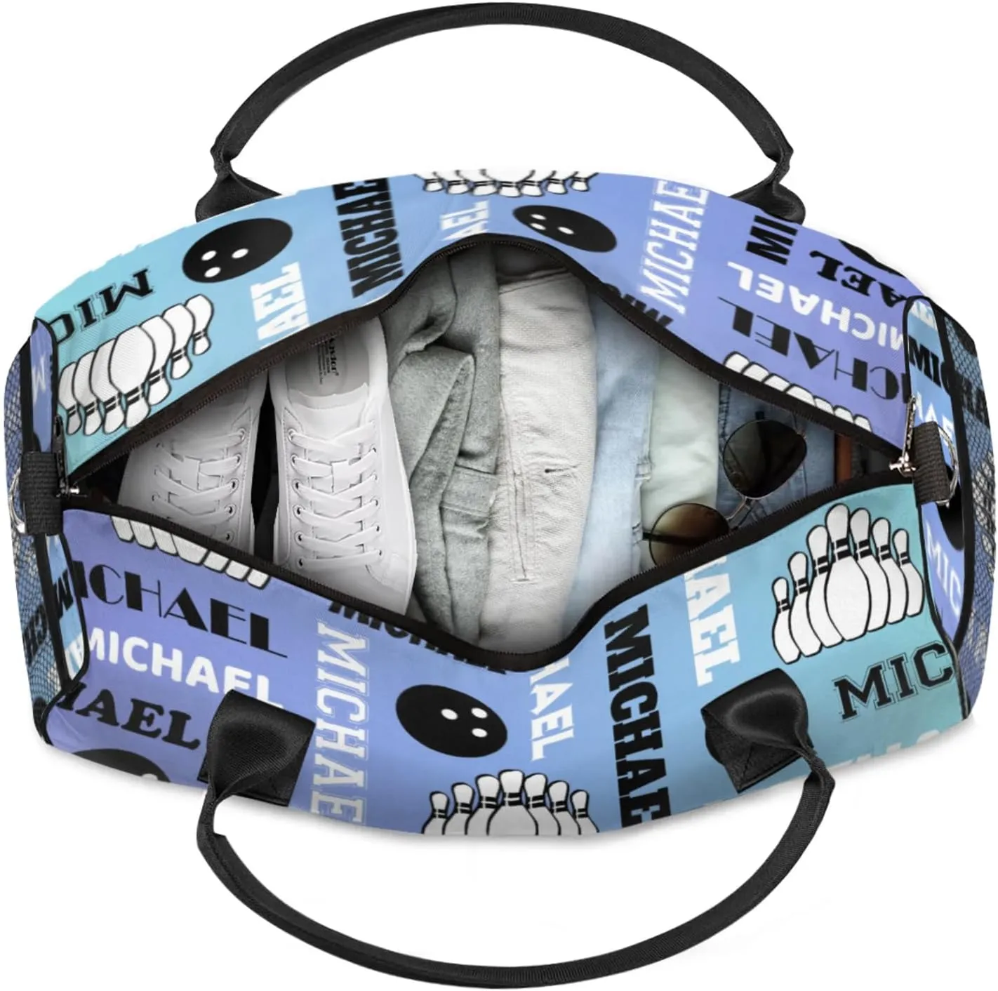 Personalized Bowling Sport Duffel Bag, Custom Gym Bag Customized Text Overnight Weekender Bag for Women Men, Blue Purple