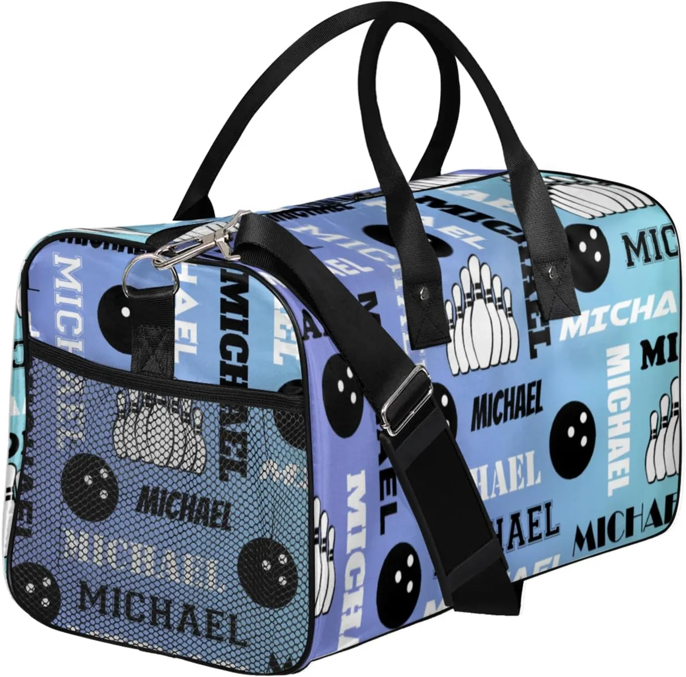 Personalized Bowling Sport Duffel Bag, Custom Gym Bag Customized Text Overnight Weekender Bag for Women Men, Blue Purple