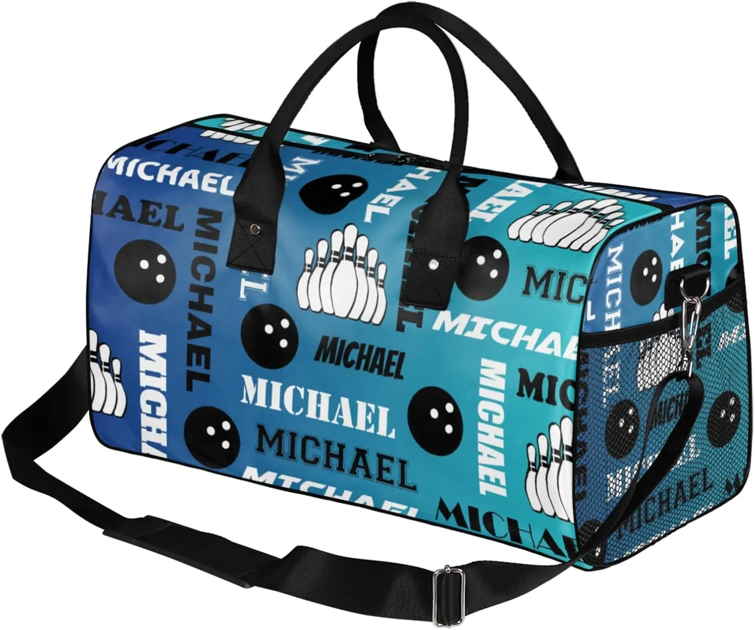 Personalized Bowling Sport Duffel Bag, Custom Gym Bag Customized Text Overnight Weekender Bag for Women Men, Blue