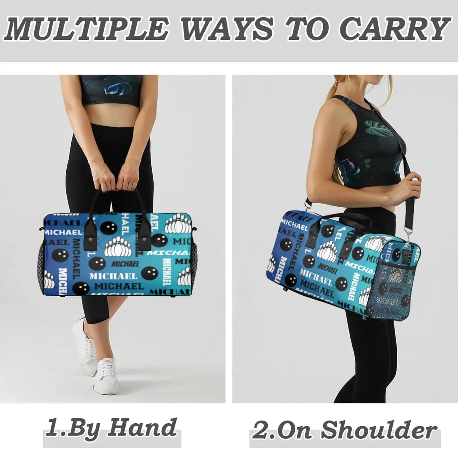 Personalized Bowling Sport Duffel Bag, Custom Gym Bag Customized Text Overnight Weekender Bag for Women Men, Blue