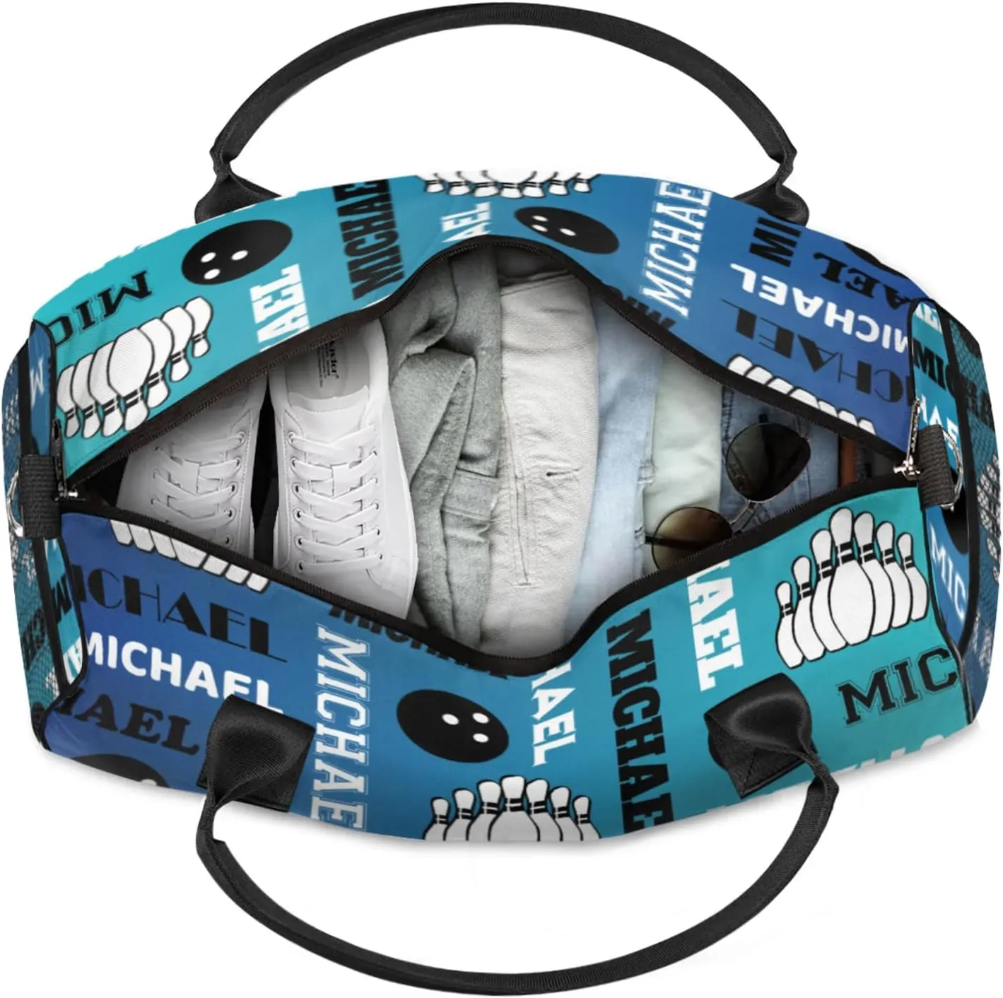 Personalized Bowling Sport Duffel Bag, Custom Gym Bag Customized Text Overnight Weekender Bag for Women Men, Blue