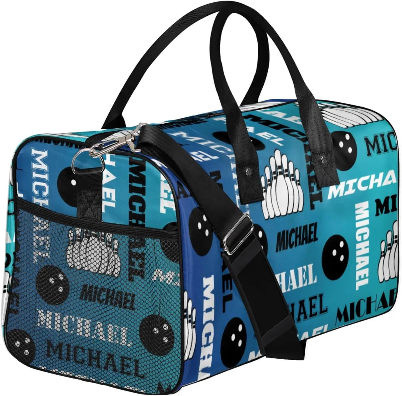 Personalized Bowling Sport Duffel Bag, Custom Gym Bag Customized Text Overnight Weekender Bag for Women Men, Blue