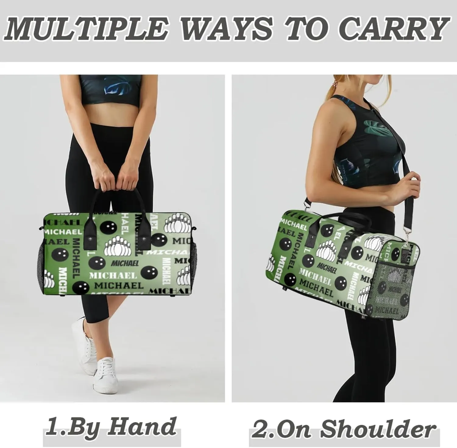 Personalized Bowling Sport Duffel Bag, Custom Gym Bag Customized Text Overnight Weekender Bag for Women Men, Misty Green