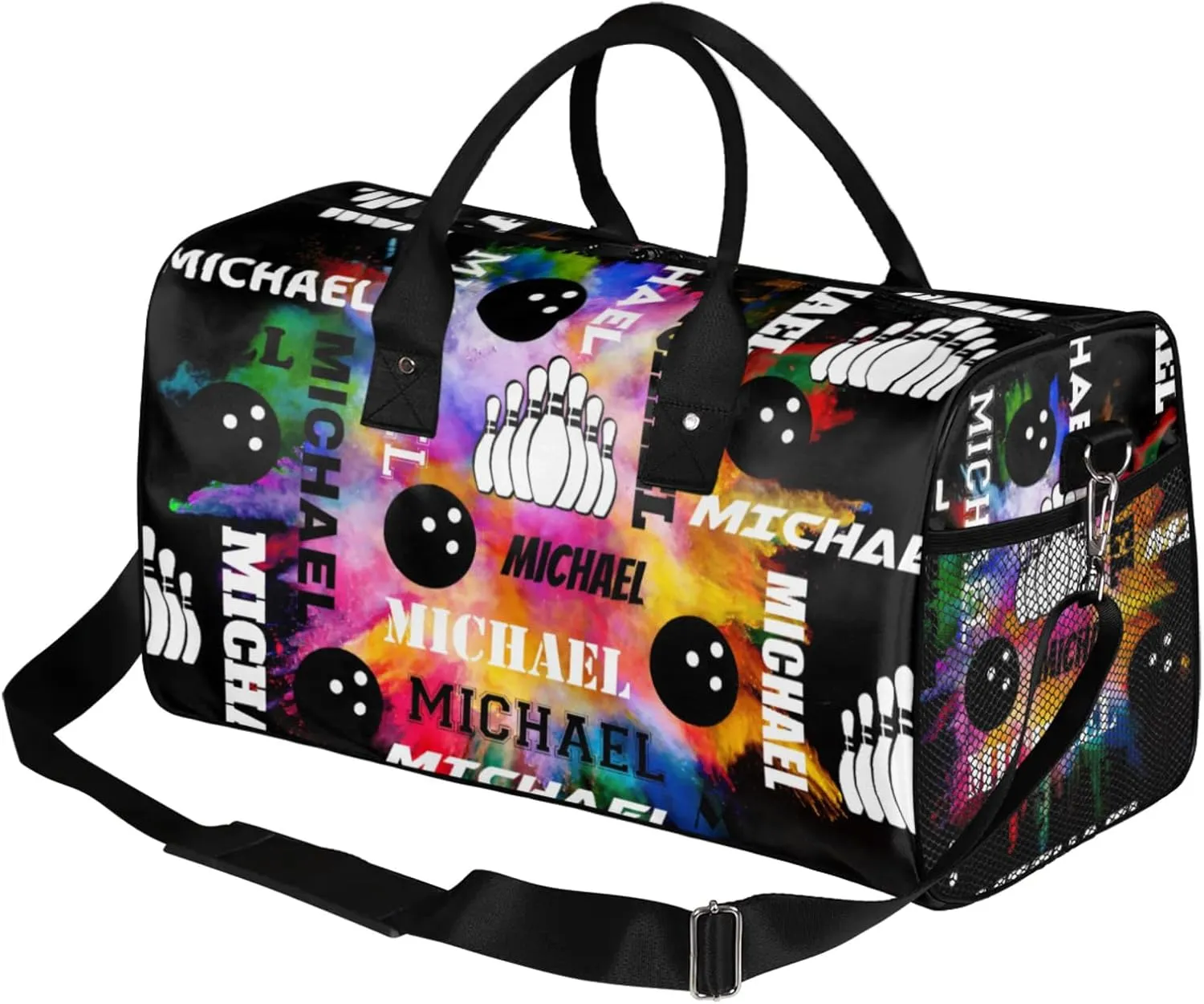 Personalized Bowling Sport Duffel Bag with Name, Custom Gym Bag Customized Overnight Weekender Bag for Women Men, Black Colorful