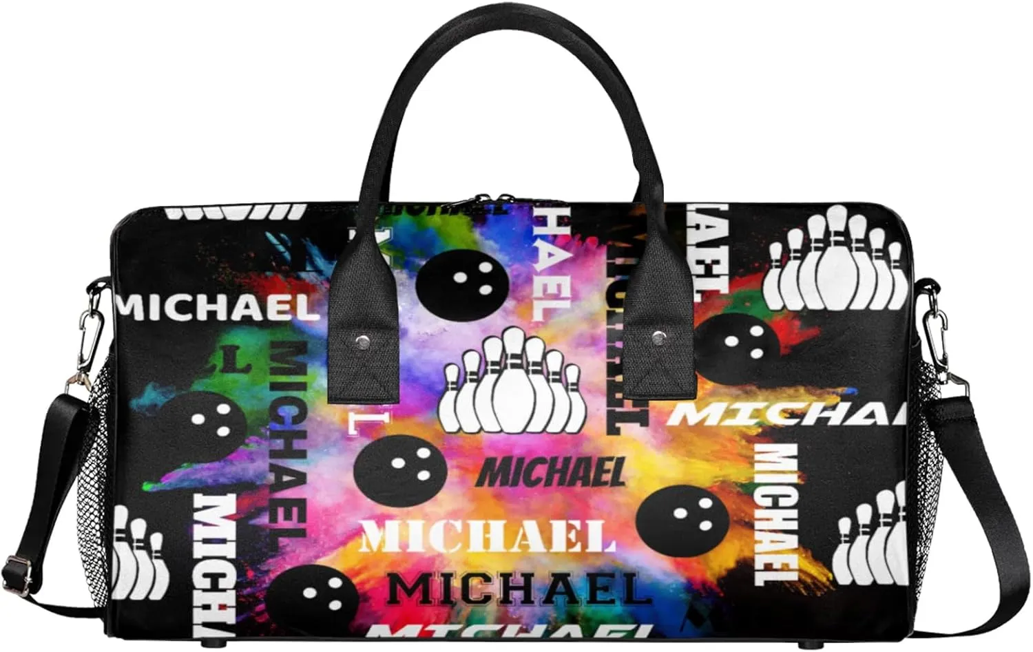 Personalized Bowling Sport Duffel Bag with Name, Custom Gym Bag Customized Overnight Weekender Bag for Women Men, Black Colorful